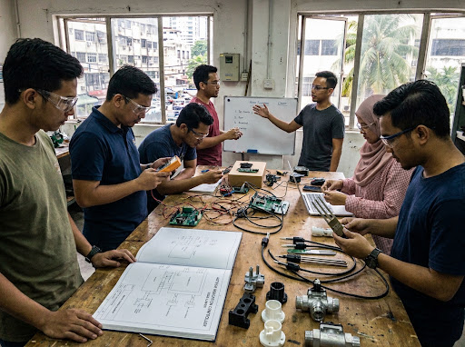 StarGrid team collaborating on electronic hardware in a workshop