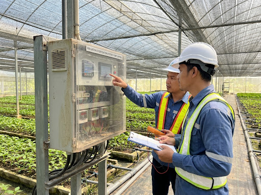 Engineer inspecting a farm control panel in a commercial greenhouse